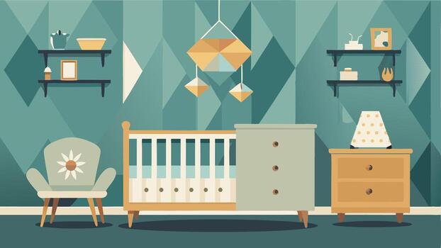 A nursery with a modern crib and playful geometric wallpaper but the changing table is an old dresser repurposed with a weathered worn finish.. vector