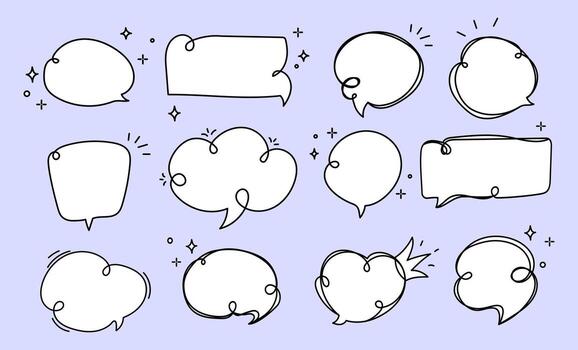 Comic Chat Bubbles. Set of hand drawn speech and thought bubbles in various shapes, perfect for comics, stickers, social media posts, message templates, and graphic design projects. vector