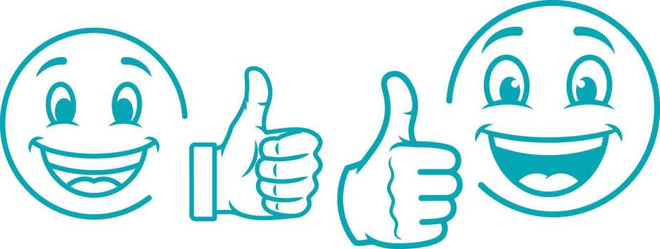 Smiling face and thumbs up outline illustrations expressing approval and satisfaction vector