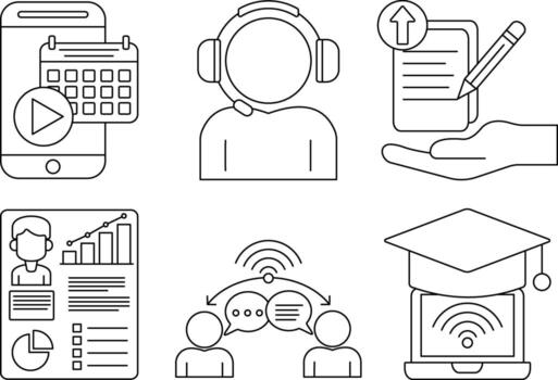 A set of remote learning line icons featuring online schedule, headset support, assignment upload, student dashboard, live chat, and internet access. vector