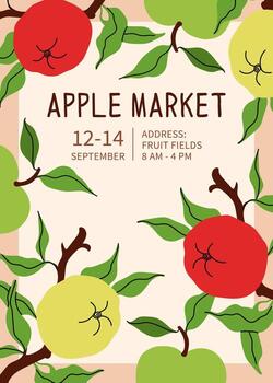 póster para manzana mercado evento con rojo y verde manzanas marco en plano otoño diseño. ideal antecedentes para estacional justo, granja pararse, comida festival. plano ilustración para impresión y web usar. vector
