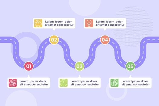 Five Point Wavy Roadmap Design with Gradient Circles and Icons vector