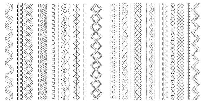 sin costura fronteras colocar, decorativo cosido líneas con geométrico formas, puntada patrones para diseño vector