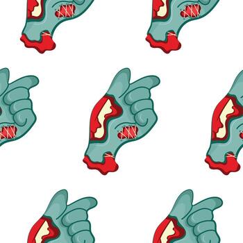 pattern with a cartoon zombie hand in blue with open wounds and bones that folds into a gesture with a folded hand and an extended index finger, design for Halloween vector