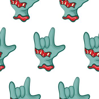 pattern with a cartoon zombie hand in blue with open wounds and bones showing rock -devil horns, Halloween design vector