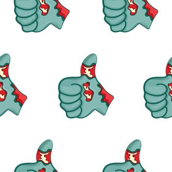 modelo con un dibujos animados zombi mano en azul con abierto heridas y huesos demostración un pulgares arriba, Víspera de Todos los Santos diseño vector