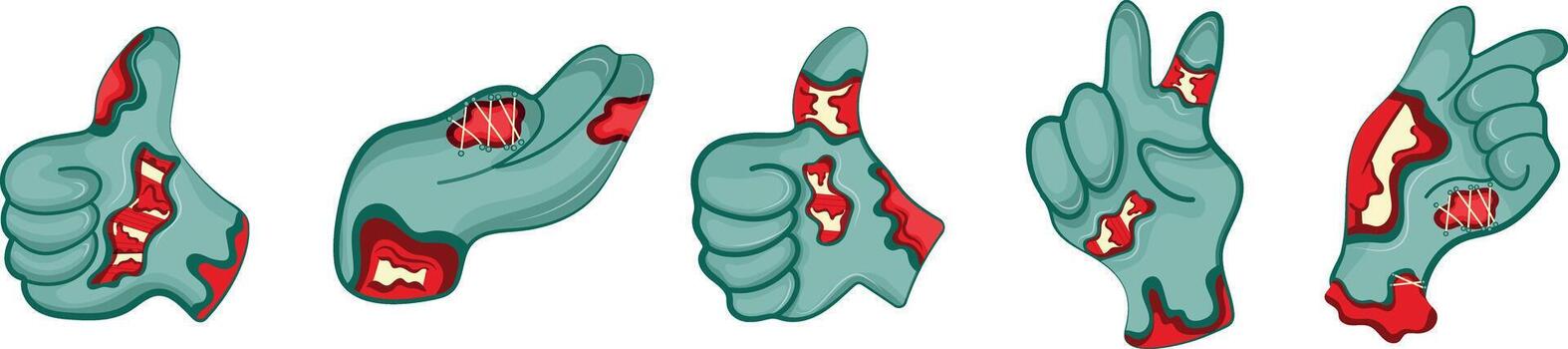 set with cartoon zombie hands in blue with open wounds and bones that fold into various gestures, Halloween design vector