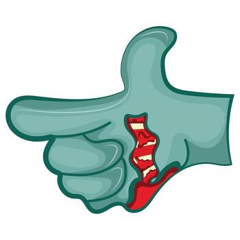 cartoon zombie hand in blue with open wounds and bones that folds into a gun gesture - a fun and at the same time creepy gesture, Halloween design vector