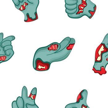 pattern with a set of cartoon zombie hands in blue with open wounds and bones that fold into various gestures, Halloween design vector
