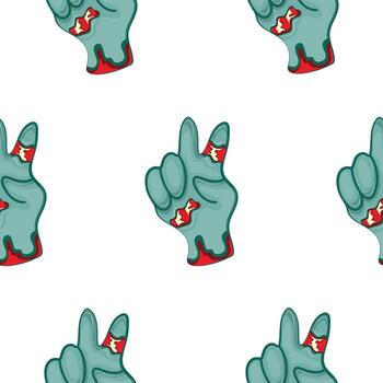 pattern with a cartoon zombie hand in blue with open wounds and bones that folds into a peace gesture, Halloween design vector