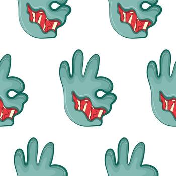 modelo con un dibujos animados zombi mano en azul con abierto heridas y huesos ese pliegues dentro un estándar 'OK' firmar, Víspera de Todos los Santos diseño vector