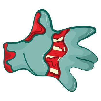 icon of an open cartoon zombie hand in blue with open wounds and bones, Halloween design vector