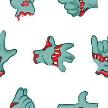 pattern with a set of cartoon zombie hands in blue with open wounds and bones that fold into various gestures into various shapes, design for Halloween vector