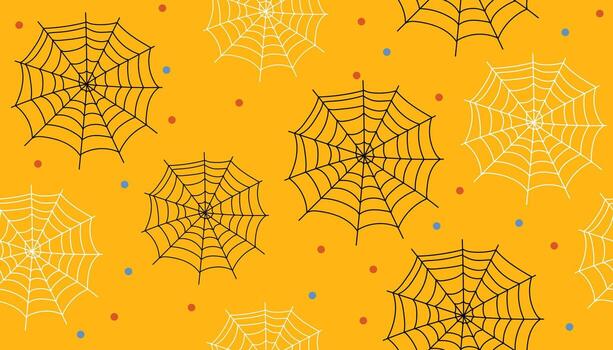 Halloween seamless pattern with spider web and tiny dots on yellow background. vector