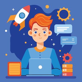 A man is working on his laptop with a rocket in the background vector