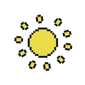 Pixel art yellow sun with rays on white background in retro digital style reminiscent of 8 bit graphics vector