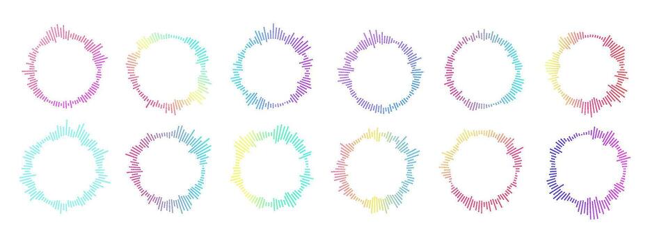 Vibrant circular sound wave made of neon dots. Dynamic design illustrating audio visualization in a futuristic, colorful style. vector