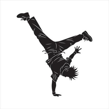 Art of silhouette of a breakdancer performing a dynamic move isolated on white background vector