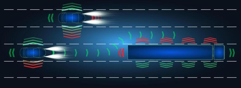 dos vehículos utilizando avanzado sensor sistemas navegar adyacente carriles de un autopista a noche, ilustrando caracteristicas me gusta mantenimiento de carril y objeto detección vector