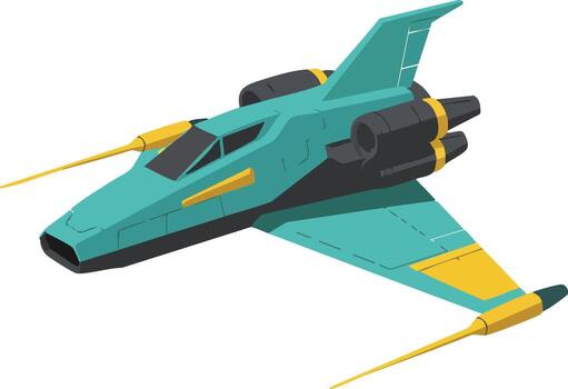 Futuristic teal and yellow spaceship illustration with sleek design and twin engines in isometric style vector