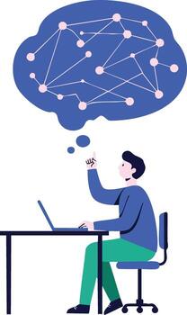 Man working on laptop with abstract cloud network thought bubble representing digital connectivity and data visualization illustration vector