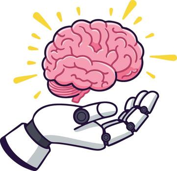 robot mano participación rosado cerebro con amarillo ligero rayos simbolizando artificial inteligencia concepto en ilustración vector