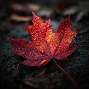 Up Close Image Of Red Maple Leaf With Water photo