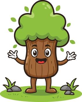 Cartoon happy tree character with green leaves and brown trunk smiling and waving hands illustration vector