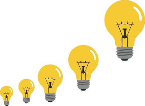 Light bulbs increasing in size with glowing yellow filaments illustration for ideas and creativity concepts vector