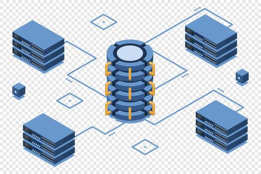isométrica nube base de datos. base de datos con nube servidor. nube almacenamiento. datos transmisión tecnología, vector