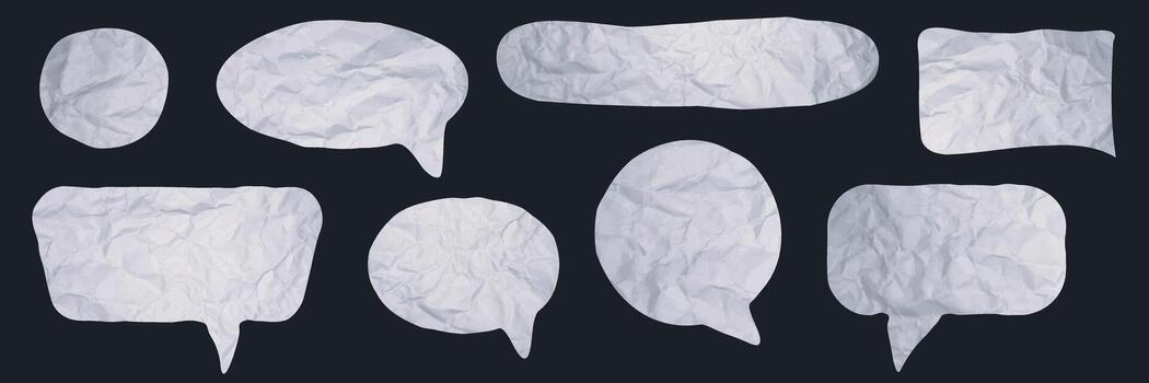 Speech bubbles textured set. Crumpled paper texture. Isolated text frames set vector