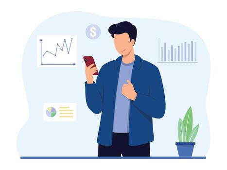 Financial illustration concept. Stock trading concept. Man analyzing financial data on mobile phone. A man analyzing financial graphs, charts and diagrams and other data. vector