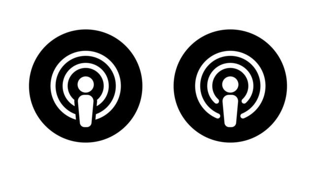 Modern podcast and audio broadcast icon in black circle. Streaming and broadcasting symbol vector