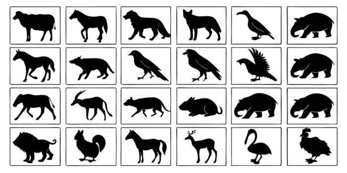Diverse collection of black silhouettes representing various animals in different shapes and sizes for graphic design. vector