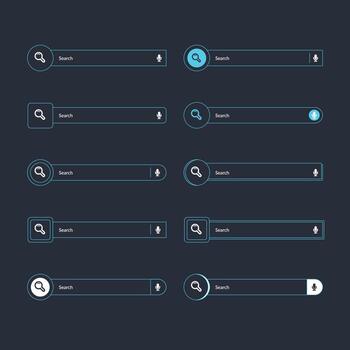 Search bar collection with dark blue color. Website ui design, search Internet box, browser engine text field, navigation bar with push button. Interface web element vector