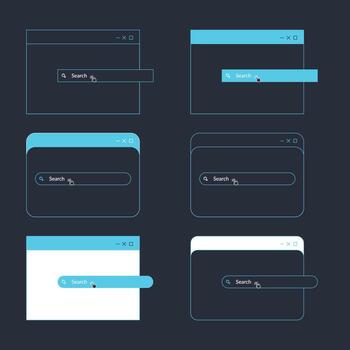 buscar bar colección con oscuro azul color. sitio web ui diseño, buscar Internet caja, navegador motor texto campo, navegación bar con empujar botón. interfaz web elemento plantillas colocar. vector