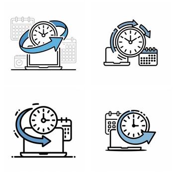 Four Blue and Black Line Icons Depicting Time Management Concepts Featuring Clocks Calendars and Laptops Illustrating Scheduling and Time vector
