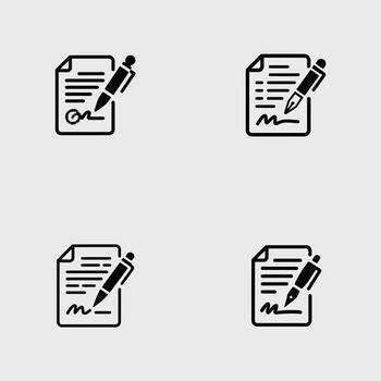 Four variations of a signed document icon featuring a black pen and a stylized signature a simple design on a light gray background vector