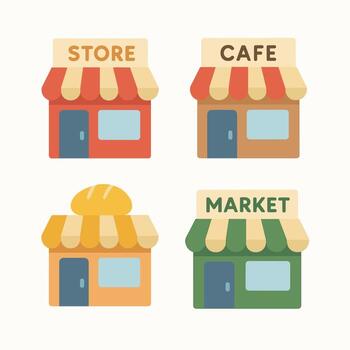 Flat Design Storefront Illustrations Featuring Various Business Establishment Categories vector