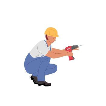 Construction worker using a power drill on a building site during the day vector