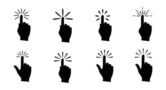 mano cursor íconos señalando dedo haciendo clic aislado en blanco antecedentes diseño vector