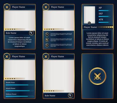 game card template with medieval style and blue and gold color. TCG for player e-sport and in-game character vector