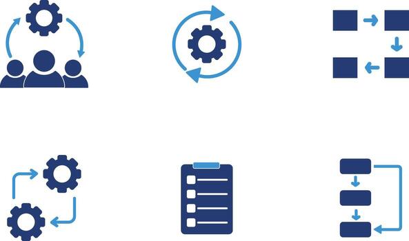 Project Management and Workflow Icons . Minimalist Black Silhouettes Featuring Teamwork, Process Cycles, Flowcharts, and Task Planning vector