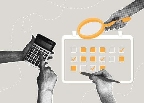 A trendy collage of halftone images. Planning and scheduling. Time management and task overview. The concept of planning, analysis, and idea generation. illustration vector