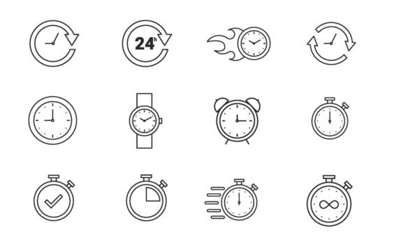 ime, date and address line icon set. Clock, calendar, location pin. Editable stroke. illustration. vector