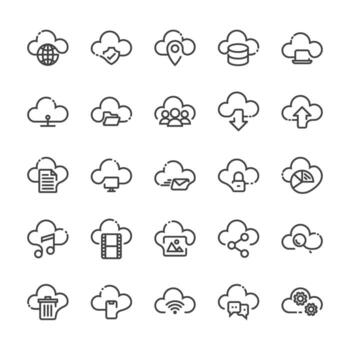 Set of line icons related to cloud computing, cloud services, server, cyber security, digital transformation. Outline icon collection. Editable stroke. illustration vector