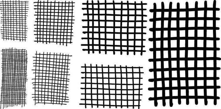 collection of hand drawn grid patterns with varying thickness and distortion. vector