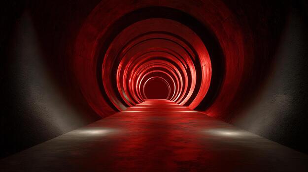 A dark tunnel with red lights illuminating the path, creating a futuristic and abstract scene with a perspective view of the underground structure photo