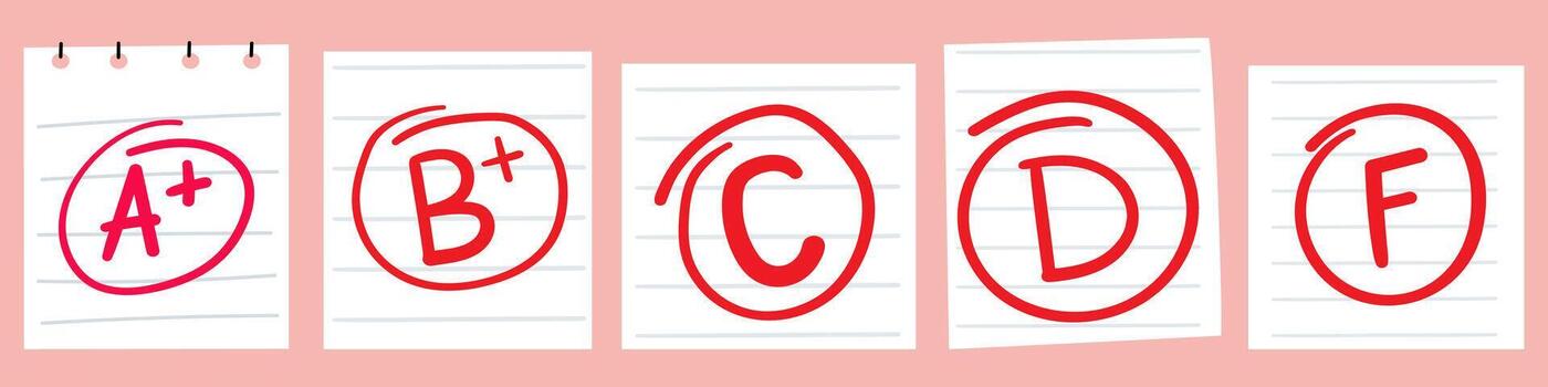School grades on paper notes A plus, B plus, C, D, F Hand drawn design. Illustrations on pink background. vector