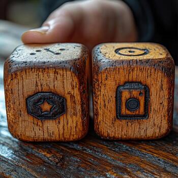 de cerca de de madera dado con cámara, estrella y circulo iconos, rústico mesa configuración, mano en antecedentes. foto